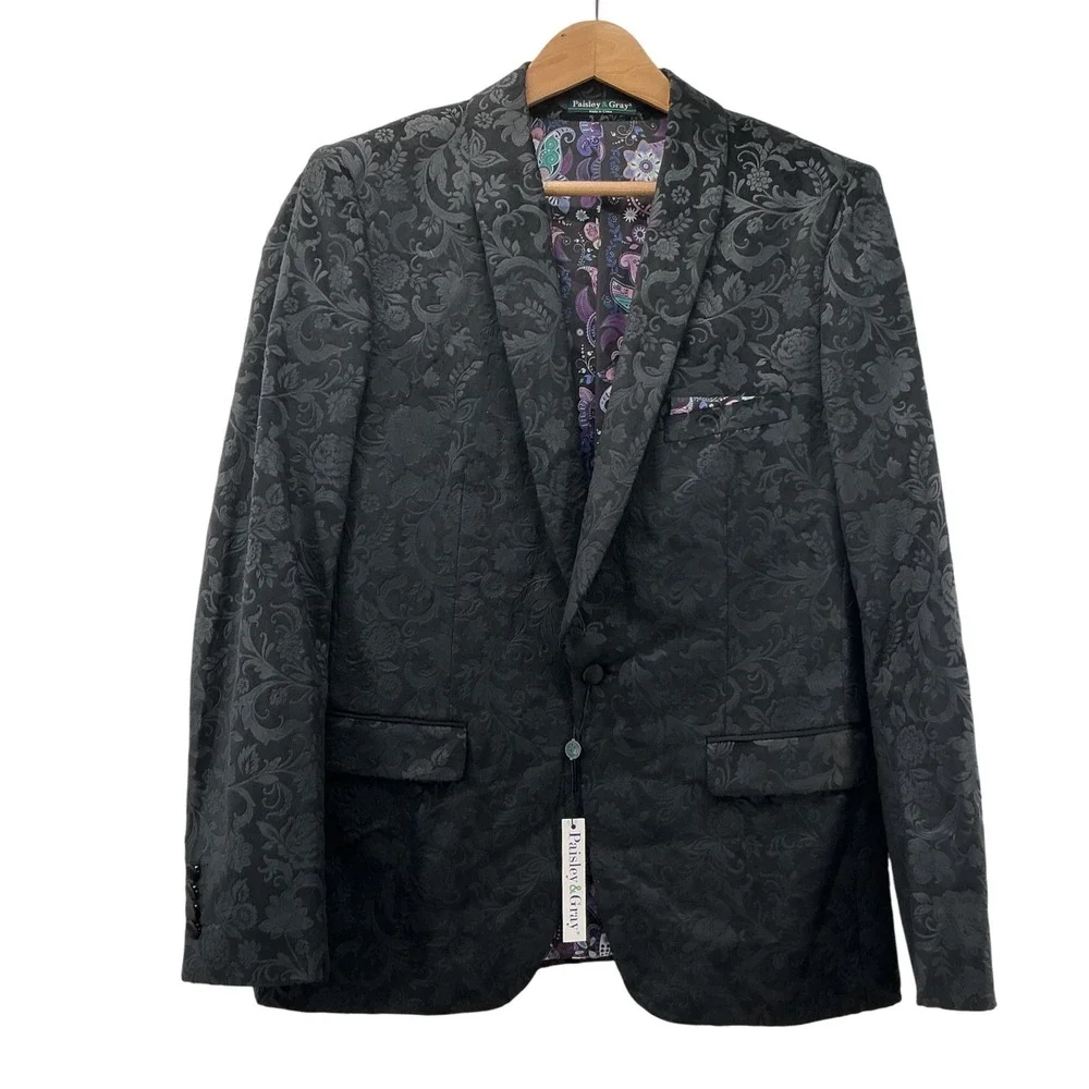 Paisley & Gray Slim Fit Black Floral Velvet Jacquard Blazer Jacket 42R NWT